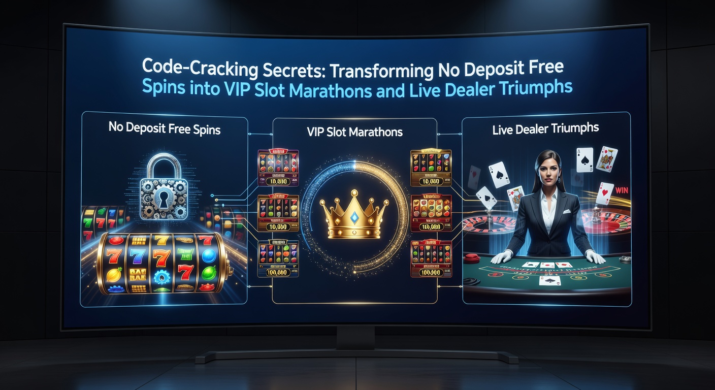 Ein verschlüsselter Bonus-Code auf einem Casino-Bildschirm, der zu drehenden Slots und einem Live-Dealer-Tisch führt