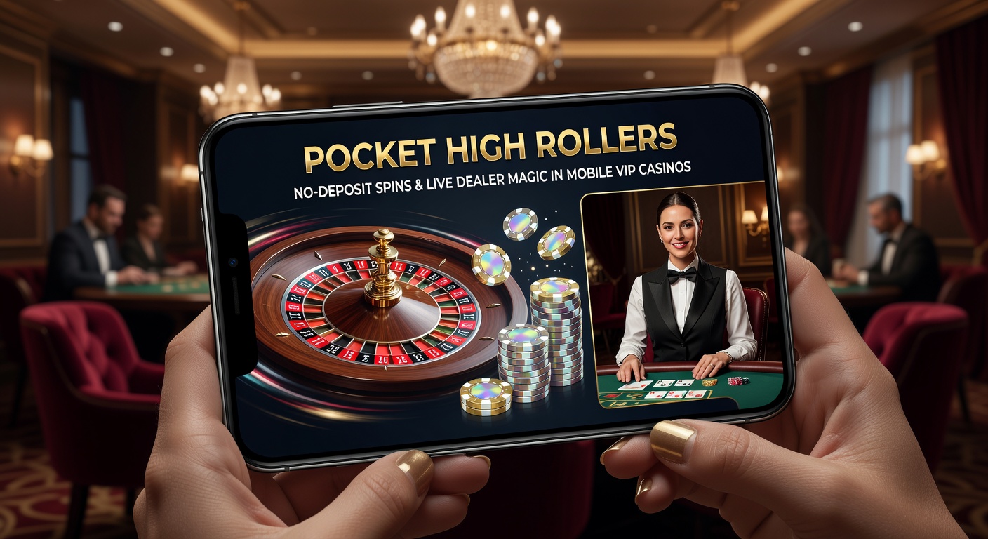 Smartphone mit laufendem Live-Dealer-Spiel in einem mobilen VIP-Casino, umgeben von glitzernden Slot-Symbolen und No-Deposit-Boni-Angeboten
