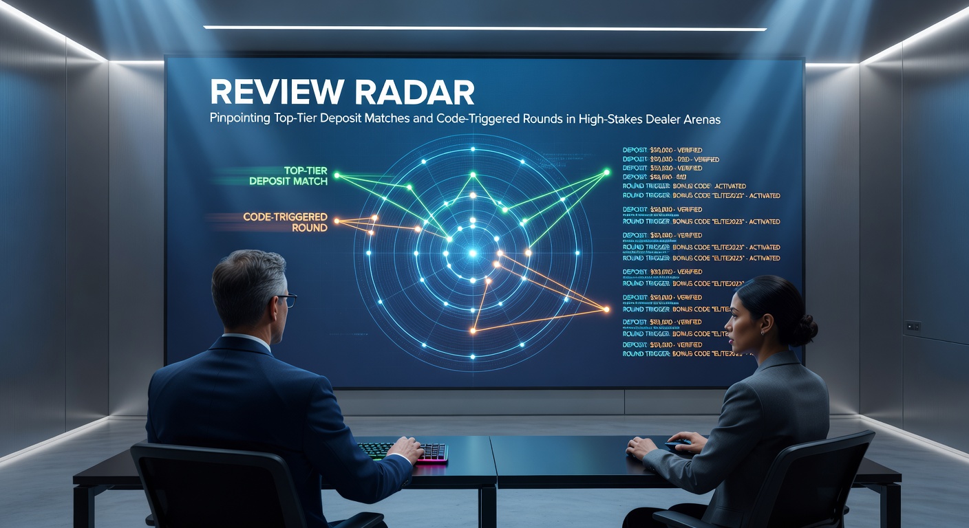 Grafik zeigt Radar-Symbol über Casino-Tisch mit Einzahlungsboni und Code-Elementen in einem Live-Dealer-Ambiente