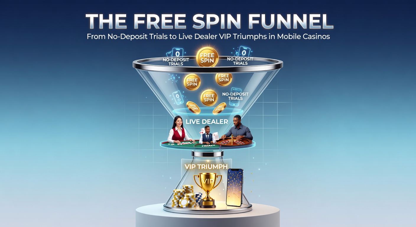 Grafische Darstellung des Free-Spin-Trichters, der von risikofreien Drehungen zu exklusiven VIP-Tischen in mobilen Casinos führt