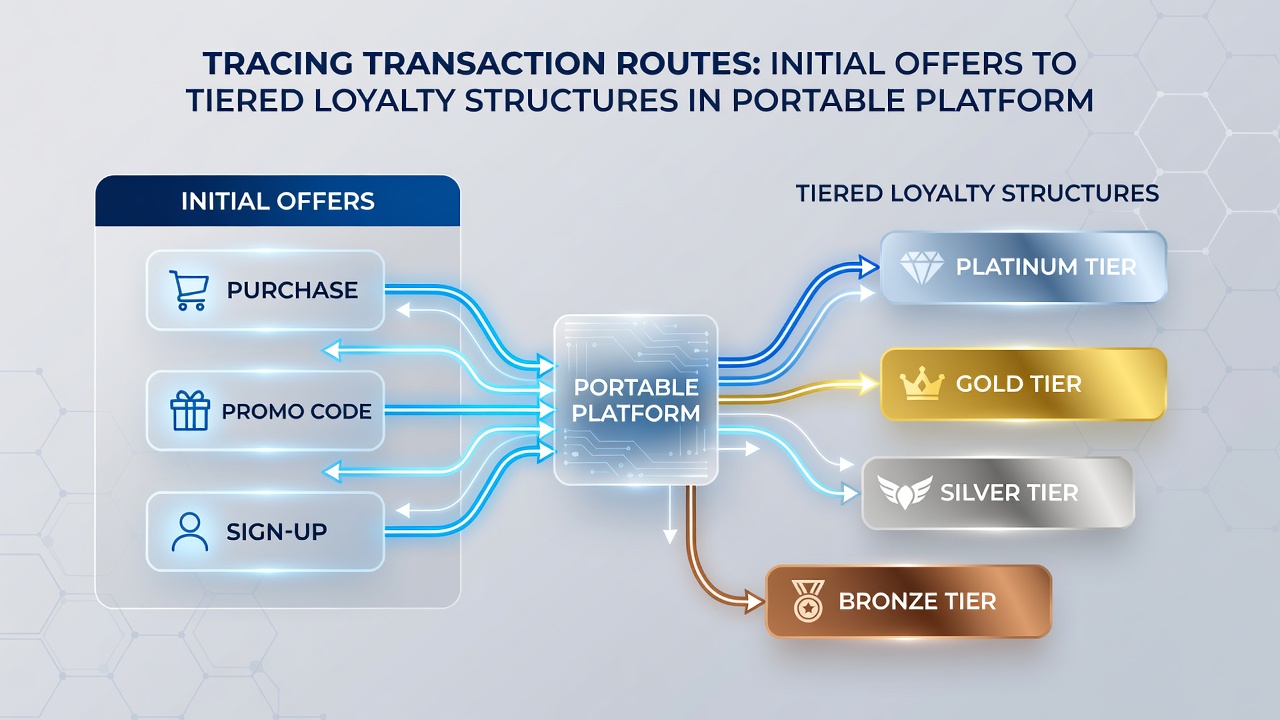 Illustration von gestaffelten Loyalitätsstrukturen und Transaktionsverbindungen in portablen Gaming-Apps
